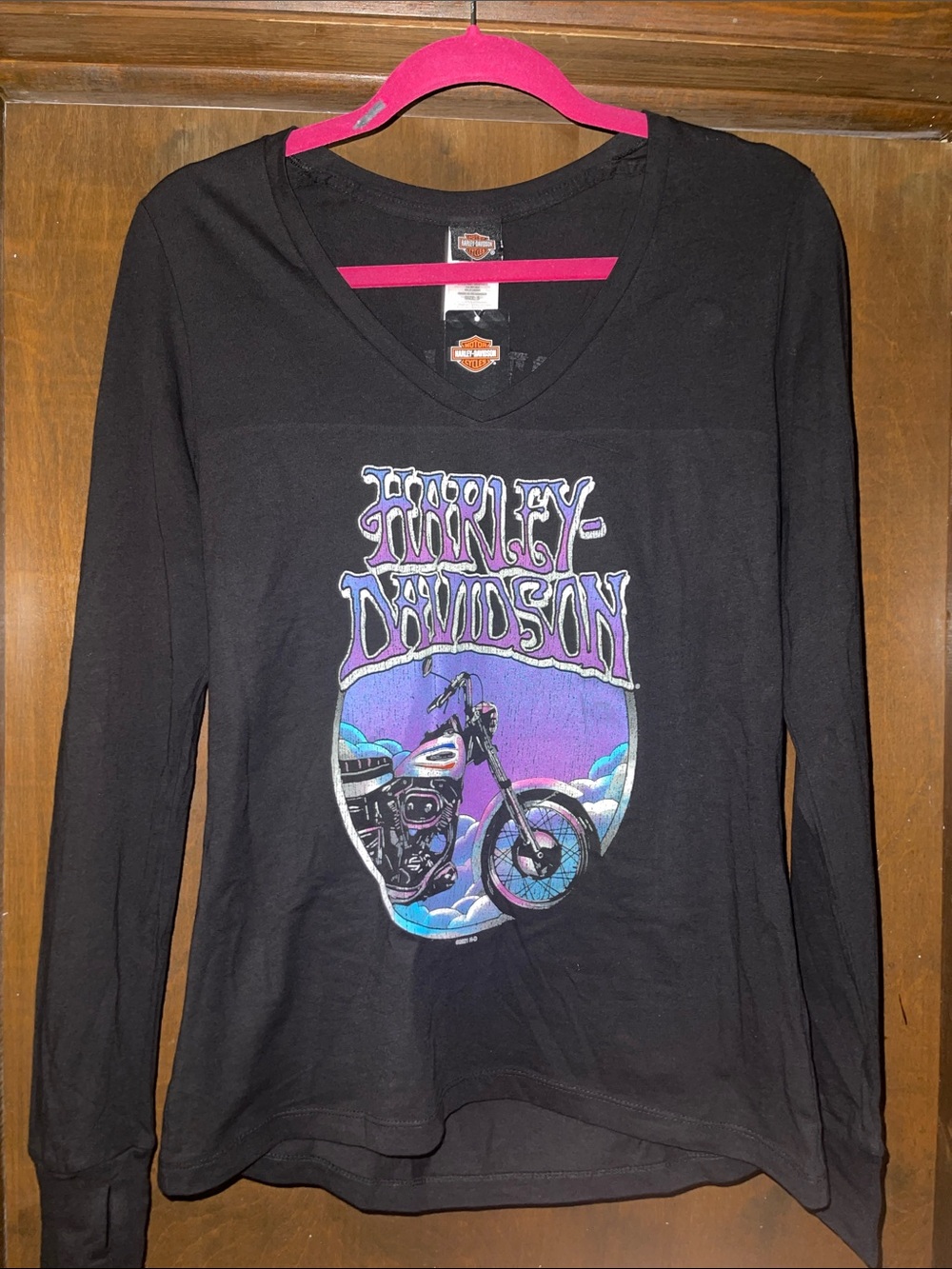 Harley-Davidson Black Long Sleeve V-Neck Top with Purple & Blue Graphic